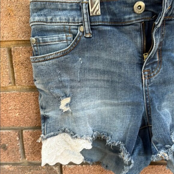 Torrid distressed Blue Jean Shorts with side lace detail - Picture 4 of 7